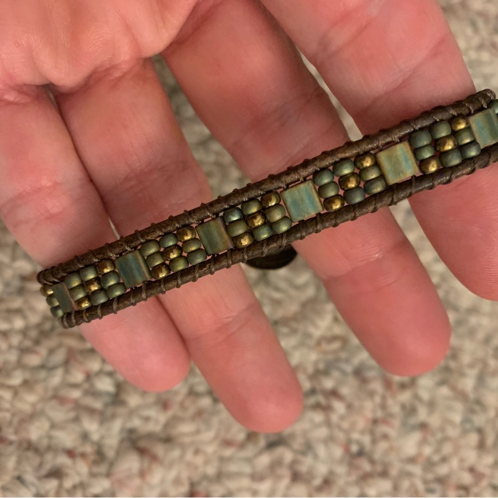 NWT- Handstitched leather bracelet with Miyuki Tila and seed beads